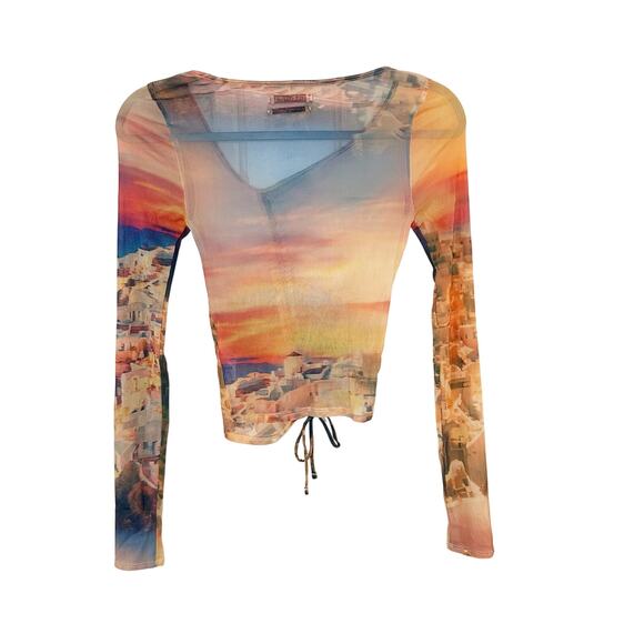 Urban Outfitters Shona Cinched Mesh Top Long Sleeve Multicolor Size Small - Picture 4 of 7